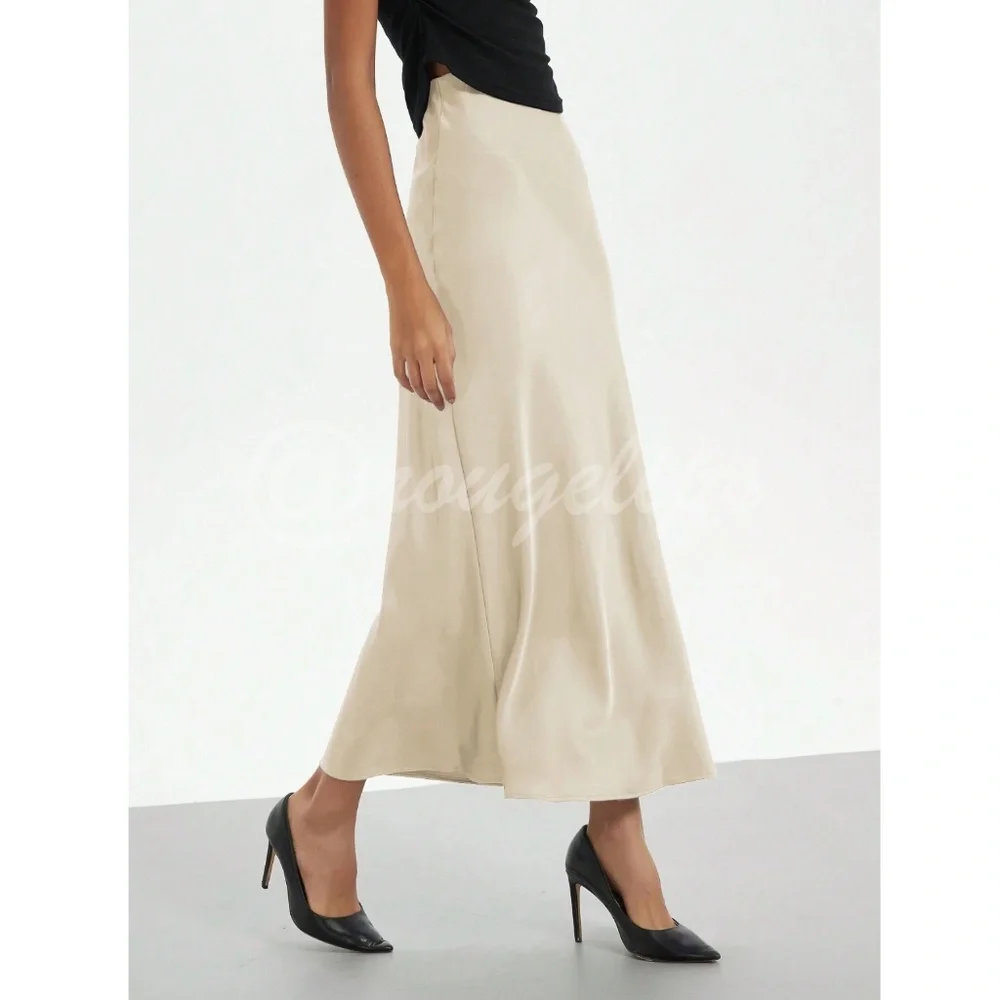 Champagne Beige Satin A-Line Skirt High Waisted Long - Picture 8 of 11
